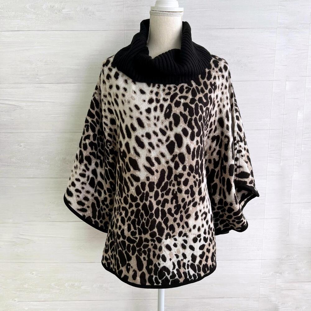 NWT Chico’s Outlet Black beige animal print fuzzy cowl neck poncho sweater S/M